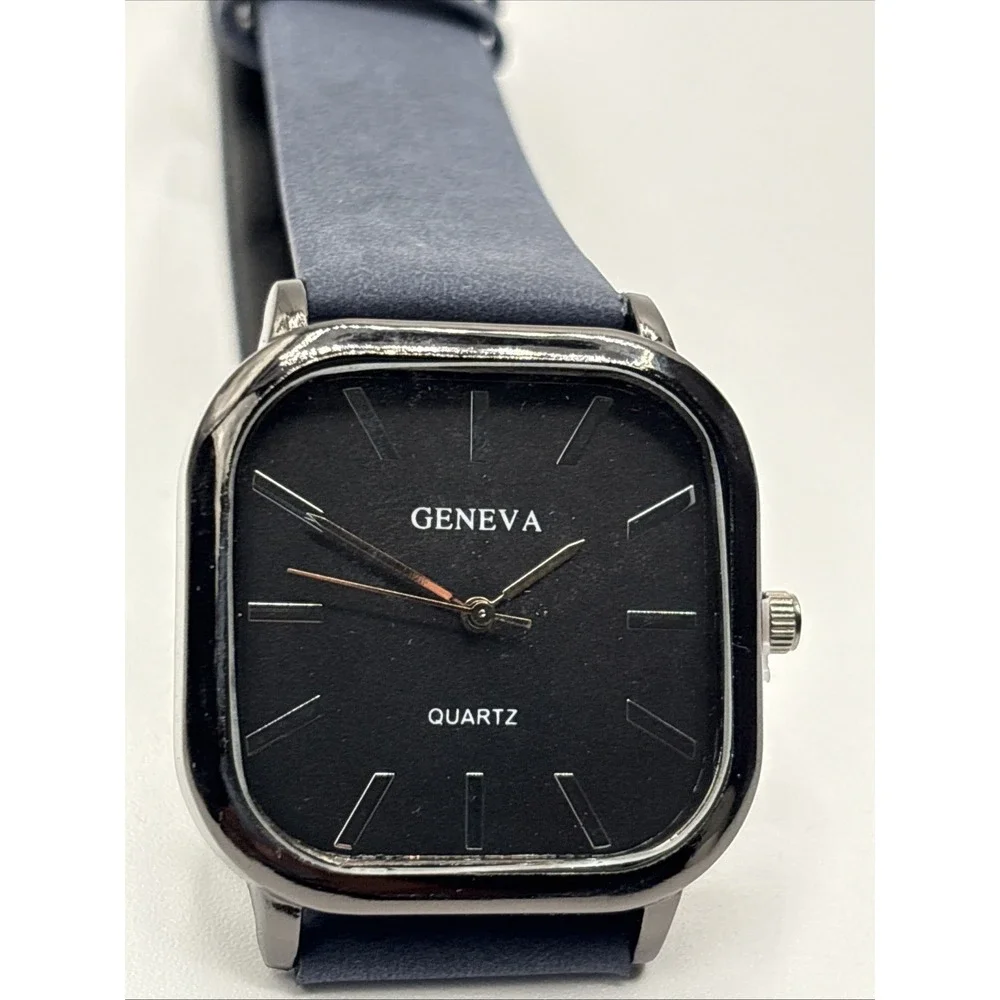 Geneva Quartz Men's Watch Square‎ With Navy Blue Band New Outside Box